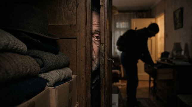 Terrified senior man hiding in a wardrobe watching a burglar search his home