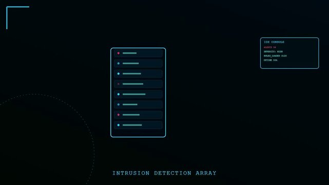 Digital threat hunting interface showing multiple alert logs and system status data points within a dark minimal user environment for monitoring network security events
