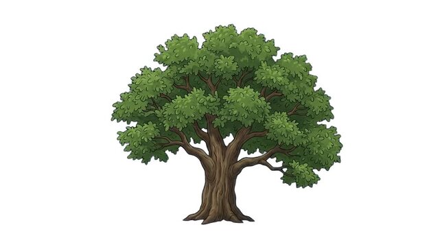 A 2D model of a large oak tree with a thick trunk and a full canopy of green leaves, isolated on a clean white background. Great for environmental visualizers, nature ecosystem graphics, landscape arc