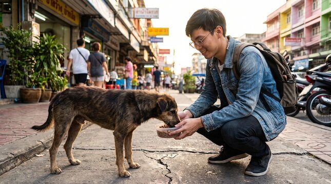 Compassionate young man feeding a hungry stray dog on a city sidewalk