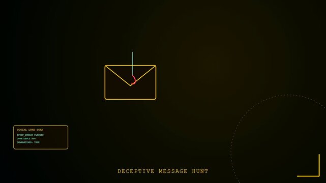 Threat hunting concept showing a glowing digital hook descending to trap an email icon rendered in neon yellow lines against a dark gradient computer terminal interface