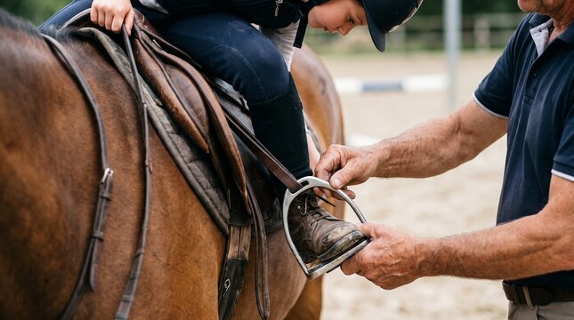 Close up of instructor hands adjusting stirrup for a young horseback rider