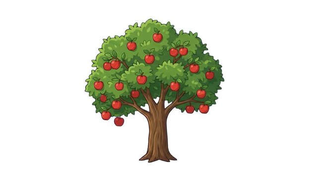 A lush cartoon apple tree with a thick trunk, green leafy crown, and bright red apples hanging from branches, isolated on a clean white background. Suitable for agricultural promos, healthy food illus