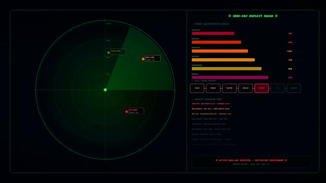 Digital threat hunting interface monitoring cyber attacks via circular radar animation screens showing active data points and shifting warning bar charts within dark virtual software environment