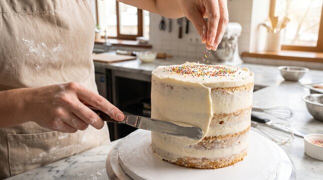 Close up of a baker using a spatula to frost a tall multi-layered cake with white icing and sprinkles