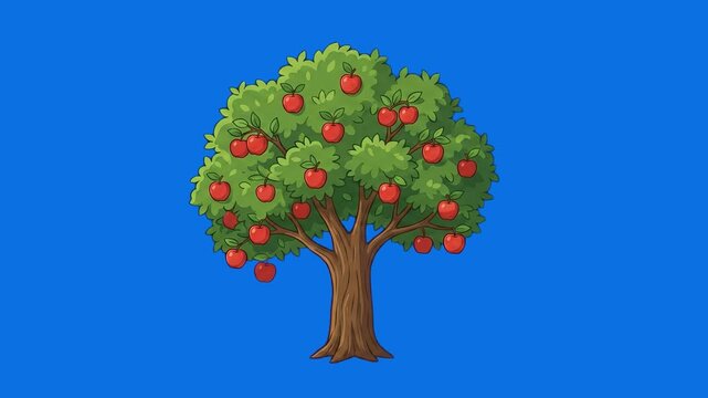 A lush 2D cartoon deciduous apple tree full of ripe red apples stands against a solid blue screen background. This vibrant plant asset is perfect for agricultural presentations, children's educational