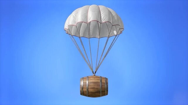A classic wooden barrel attached to an open white parachute floats down against a clear blue sky background. This 3D animated supply drop asset is ideal for survival games, battle royale overlays, log