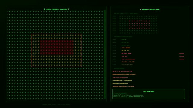 Threat hunting interface displaying complex numerical binary code blocks in a glowing green virtual system monitor screen showing a sequence of data extraction patterns