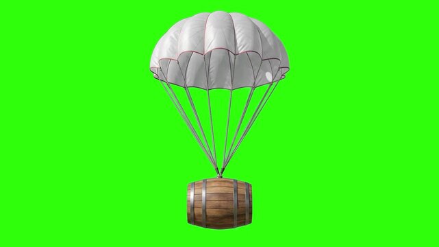 A 3D render of a classic wooden barrel air-dropped with a open white parachute, isolated on a bright chroma key green screen background. Ideal for gaming supply drop animations, pirate theme promos, r