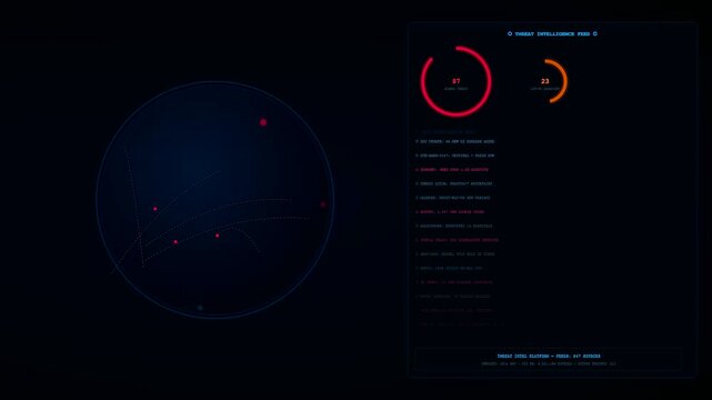 A digital threat hunting display features neon circular graphs and streaming data points on a dark interface representing complex cybersecurity operations for modern monitoring system environments