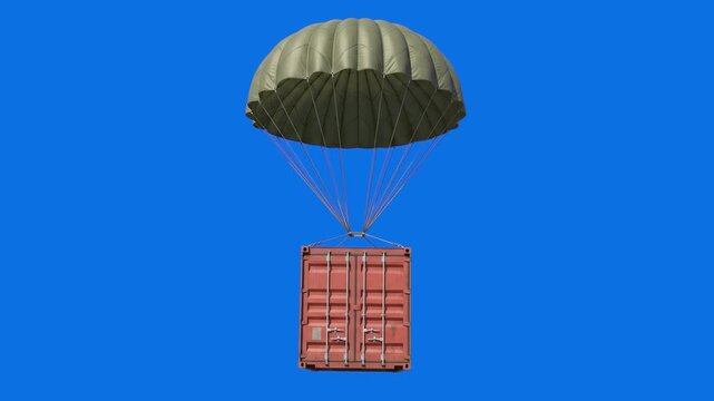 A 3D render of a red cargo crate descending safely with a large military parachute against a solid blue screen background. Suited for gaming HUDs, news graphics, military video edits, and visual effec