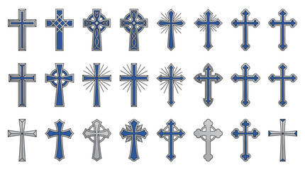Fototapeta premium Collection of various Christian cross designs in blue and silver colors with celtic knots and sunburst patterns, provides versatile graphics for faith based projects and church branding