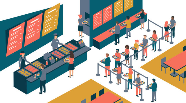 Isometric illustration of people queuing at a modern cafeteria food counter with menu boards and trays of food, representing busy lunchtime services, illustrating efficient dining management