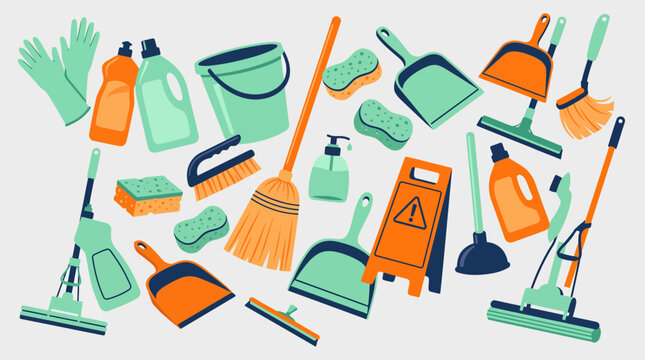 flat vector illustration set of household cleaning supplies including broom bucket mop and detergent bottles, provides essential tools for janitorial services and representing a tidy home