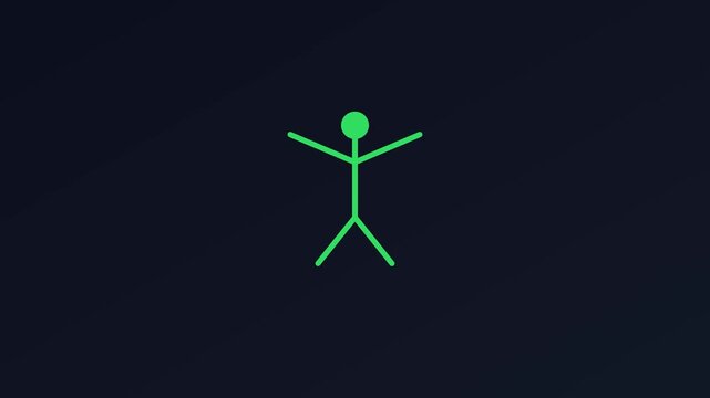 Minimalist green stick figure animation on dark 4k background, for ui ux, dark background