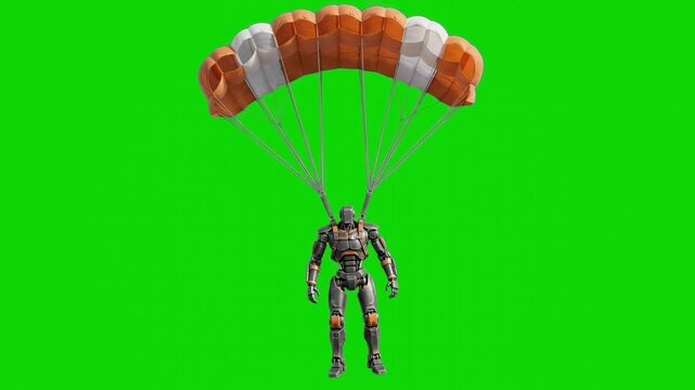 A 3D render of a futuristic sci-fi cyborg soldier descending in mid-air under an orange and white parachute on a bright green screen. Perfect for video game VFX, sci-fi movies, and chroma key composit