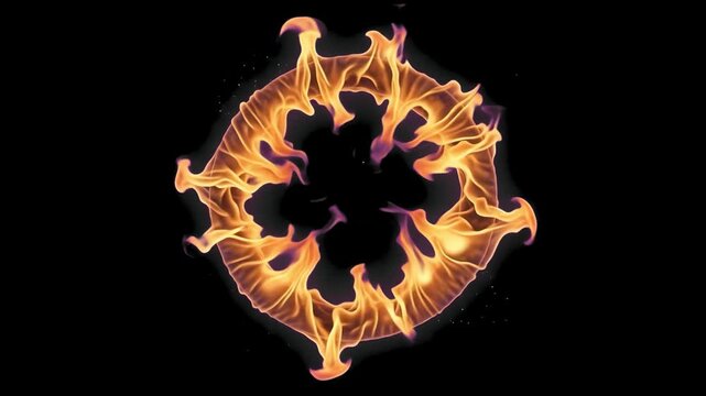 High-contrast 3D VFX render of a vibrant ring of fire with glowing embers, isolated against a solid pitch-black background. Ideal for cinematic movie teasers, magic portal overlays, high-contrast vide