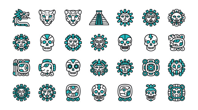 Collection of Aztec and Mayan icons featuring sun gods skulls jaguars and ancient pyramids on white background, symbolizing Mexican cultural heritage and representing indigenous history