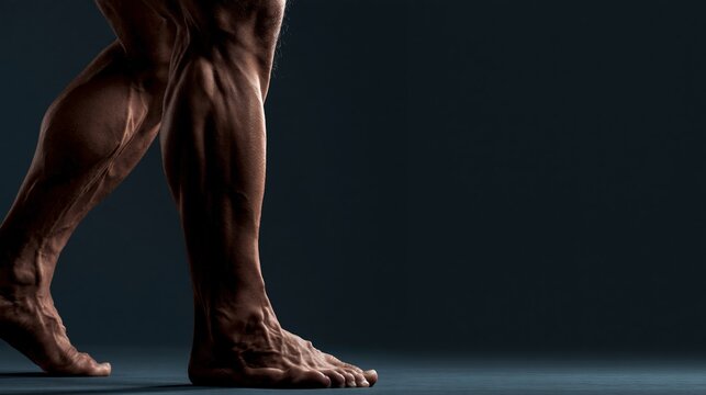 Bodybuilder's calf in a raise showing the two-headed gastrocnemius muscle. Concept of calf strength.
