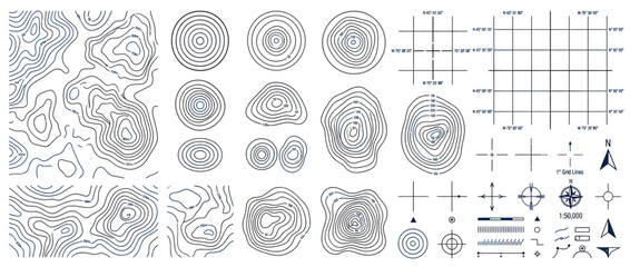 Topographic Contour Lines and Map Elements Collection © askew