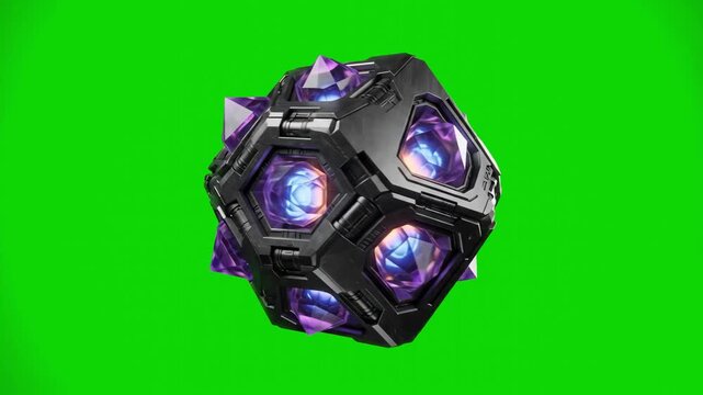 A high-tech 3D model of a futuristic alien sci-fi artifact or energy core container with glowing purple crystals and lights, isolated on a solid chroma key green screen background. Great for game desi