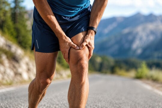 Athletic Runner Holding Painful Knee During Mountain Road Training Close Up Outdoors