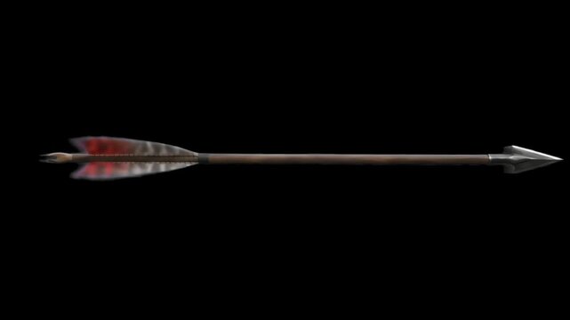 A realistic 3D render of a wooden bow arrow with fletching flying at high speed against a solid black background. Perfect for medieval action films, archery sports media, and cinematic game animations