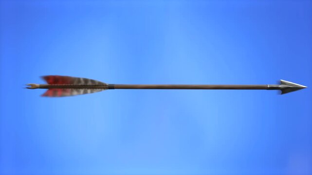 A detailed 3D rendering of an arrow flying horizontally through the air against a clear blue sky. Suited for outdoor sports advertisements, historical film sequences, and action video clips.