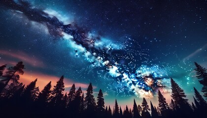 Fototapeta premium Night Sky With The Milky Way Over The Forest And Trees Surrounding The Scene
