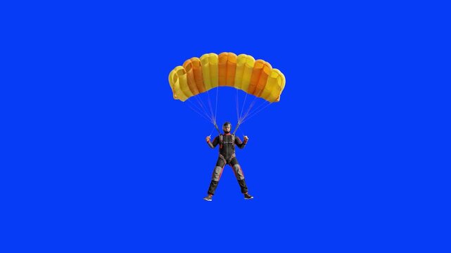 Detailed 3D model of a military skydiver in gear floating downward with an open yellow ram-air parachute canopy, isolated on a bright solid blue background. Great for extreme sports videos, paraglidin
