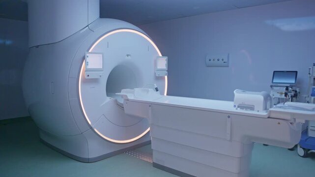 Modern MRI Machine Room with Virtual Sky Ceiling in Hospital Radiology Department 4K