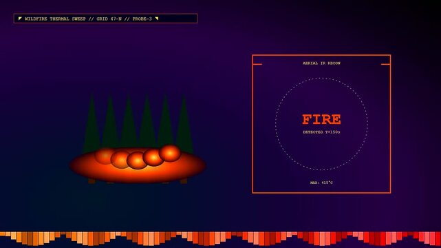 Aerial thermal imaging sensor captures fire progression across a forest landscape in this digital interface display showing infrared temperature shifts and data stream tracking during monitoring