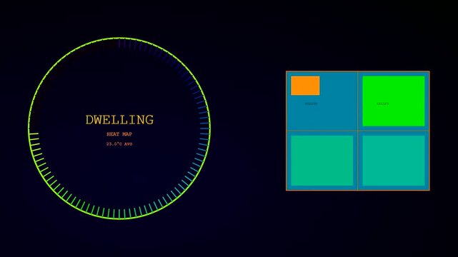 Thermal imaging monitor displaying dwelling temperature data with a circular gauge and color coded floor plan interface appearing in a digital dashboard for building climate monitoring systems