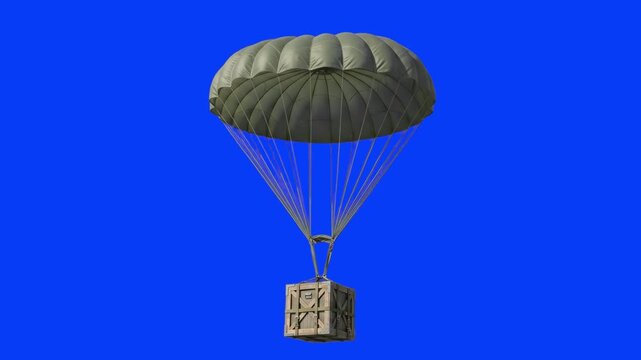Military supply crate descending safely on an open parachute canopy, isolated on a bright solid blue background. Excellent for survival game UI elements, military supply drop video compositing, logist