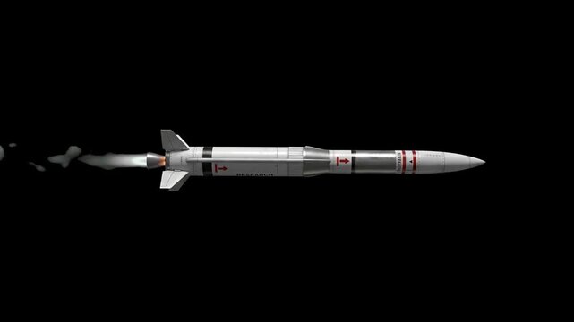 A 3D render of a multi-stage space rocket booster flying horizontally through space, isolated on a solid black background. Ideal for space exploration documentaries, aerospace technology presentations