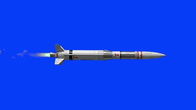 Realistic 3D render of a high-speed guided surface-to-air missile flying horizontally with engine flame and propulsion glow, isolated on a solid blue chroma key backdrop. Designed for defense technolo