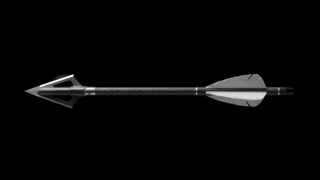 High-contrast 3D render of a modern metallic archery arrow in horizontal flight, isolated against a solid dark black background. Ideal for cinematic action teasers, high-contrast VFX compositing, spor