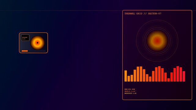 Digital thermal imaging visual monitoring interface displays dynamic heat flow patterns on a dark screen with glowing orange circles and bars for data analysis processes