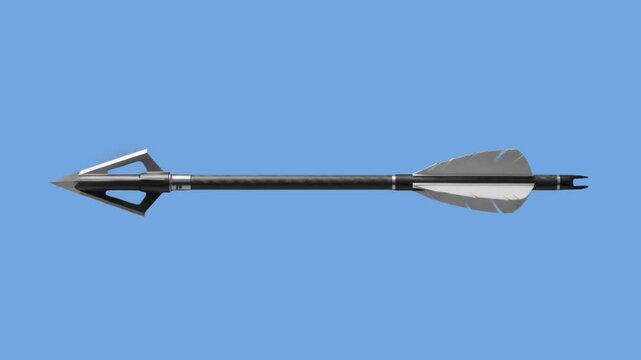 A detailed 3D model of a high-tech carbon hunting or archery arrow with a sharp broadhead flying horizontally through the air, with vapor trail effects against a clear blue sky background. Perfect for