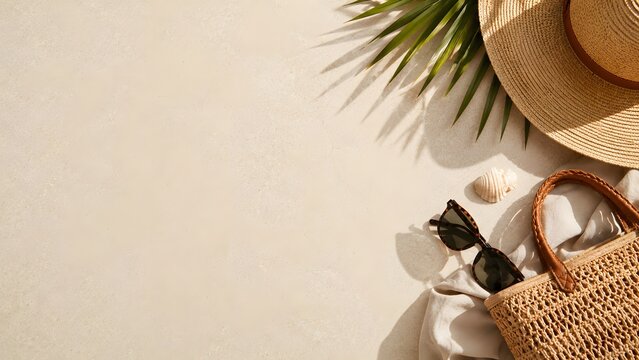 Straw Hat Sunglasses and Woven Bag on Sandy Beach with Seashells and Palm Leaf
