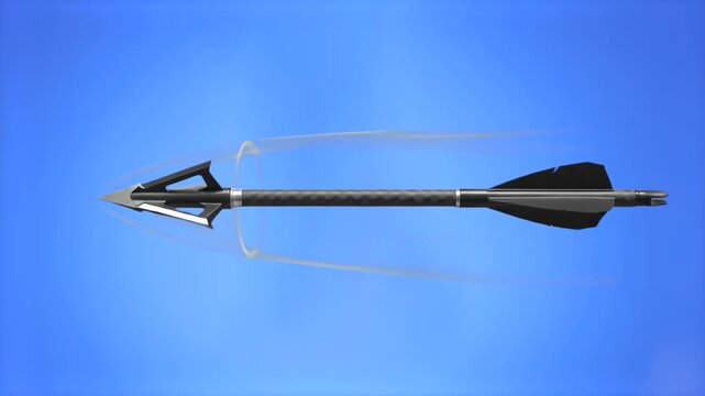 A detailed 3D model of a high-tech carbon hunting or archery arrow with a sharp broadhead flying horizontally through the air, with vapor trail effects against a clear blue sky background. Perfect for