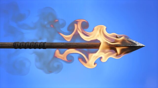 Wooden arrow with intense burning flames and trailing smoke in mid-flight, isolated on a bright blue background. Excellent for historical battle scenes, archery videos, fantasy action VFX compositing,