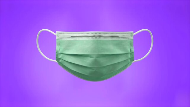 A front-facing 3D render of a standard green protective surgical face mask, set against a smooth purple studio backdrop. Great for pharmacy banners, medical infographics, public health campaigns, viru
