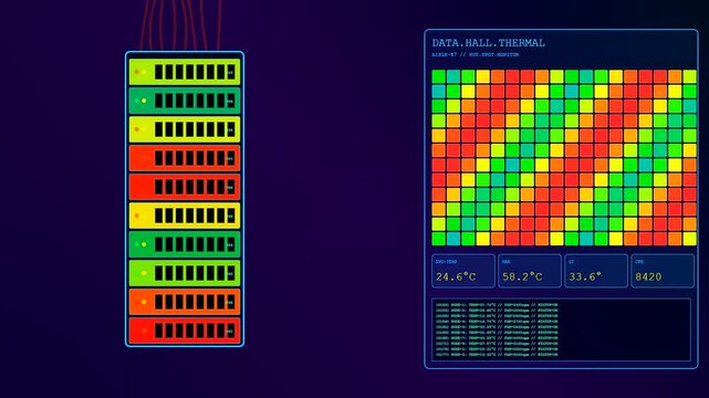 Digital displays showing thermal imaging data patterns in a dark environment with multiple server racks monitoring heat intensity across modern network infrastructure systems for analysis