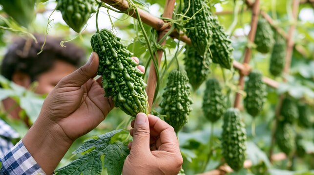 Farm worker picking a green bitter melon from a vine trellis. Concept of bitter melon harvesting.