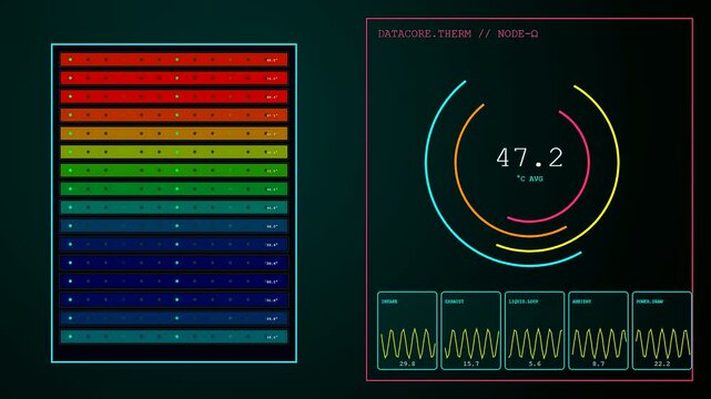 Digital thermal imaging display showcasing server rack heat levels with glowing colorful sensor bars and dynamic waveform charts flickering on a dark computer monitor interface