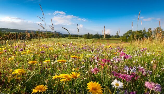 Vibrant Patch Of Wildflowers And Native Grasses Blooming In A Sunny Meadow During Springtime Along The Countryside