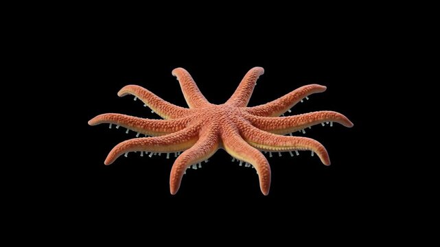 High-contrast 3D render of an orange multi-armed sun starfish with tube feet, isolated against a solid pitch-black background. Perfect for cinematic nature teasers, dark aquatic documentaries, biologi