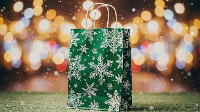 Green christmas gift bag with white snowflakes