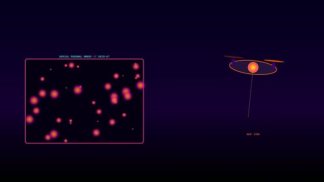 a thermal imaging drone scanning terrain for heat signatures in a seamless digital display loop showing persistent observation of ground objects from an elevated perspective